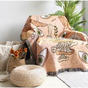 Mushroom and Evil Eye Woven Jacquard Throw Blanket Tapestry